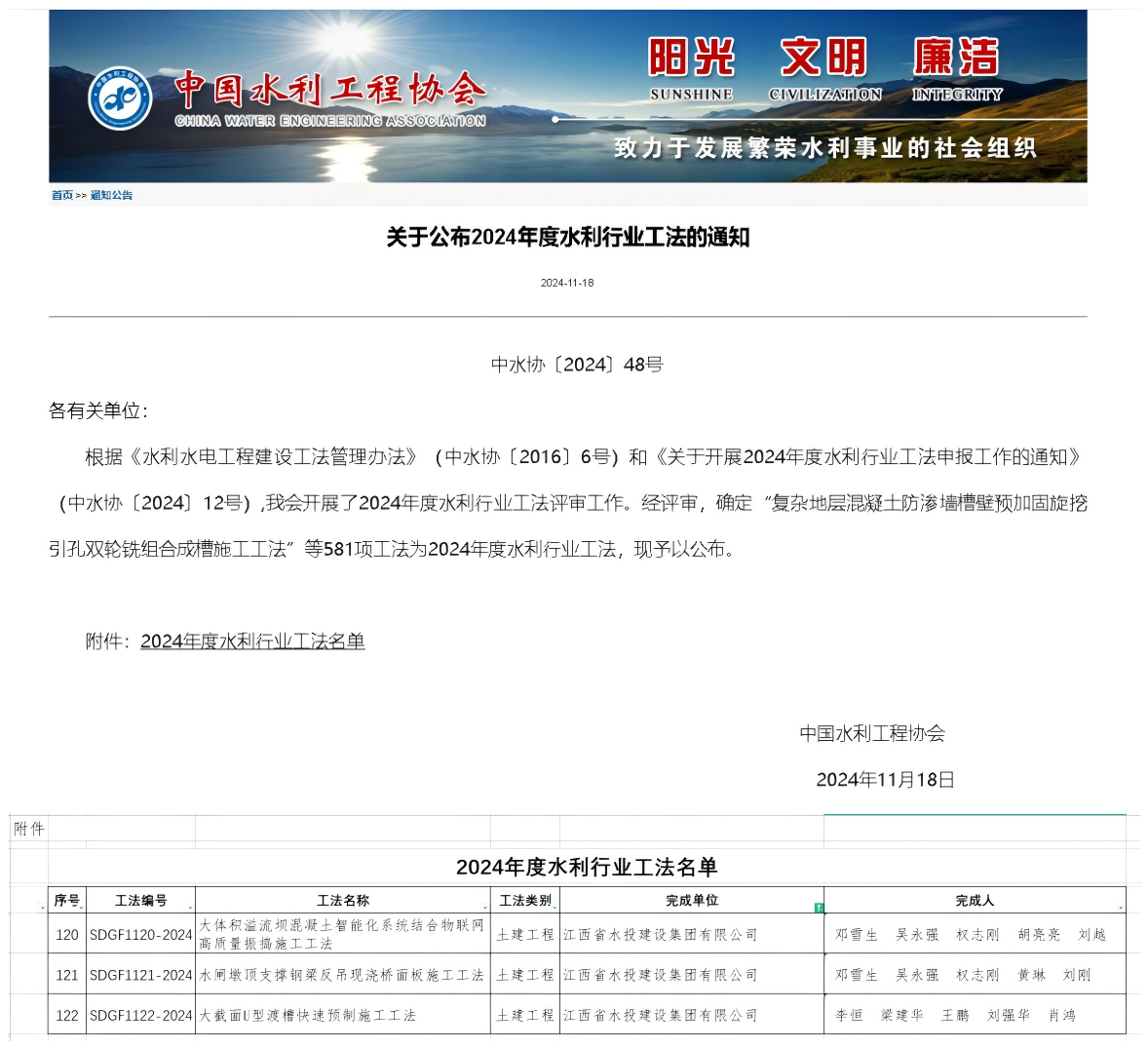 喜報(bào)｜建設(shè)集團(tuán)三項(xiàng)工法獲評中國水利工程協(xié)會2024年度水利行業(yè)工法