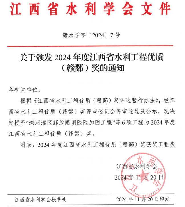 喜報｜建設集團兩個項目榮獲2024年度江西省水利工程優(yōu)質（贛鄱）獎